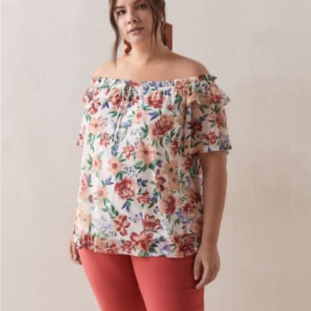 PENNINGTONS FLORAL printed off shoulder mesh top BLOUSE PLUS women’s size 5X